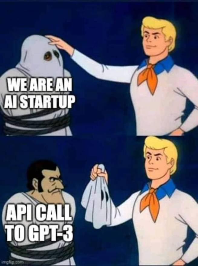 This meme is a play on the classic "Scooby-Doo" trope where a character is unmasked to reveal a villain. In this case, the character is a "we are an AI startup" which is unmasked to reveal "I am a large language model I am capable of generating human-like text". The text "I am a large language model I am capable of generating human-like text" is a reference to the fact that the AI model is capable of generating human-like text, but is not actually a human.